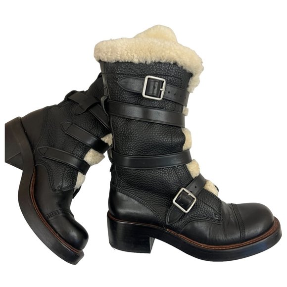 Coach Shearling Black Leather Moto Boots Size 6.5